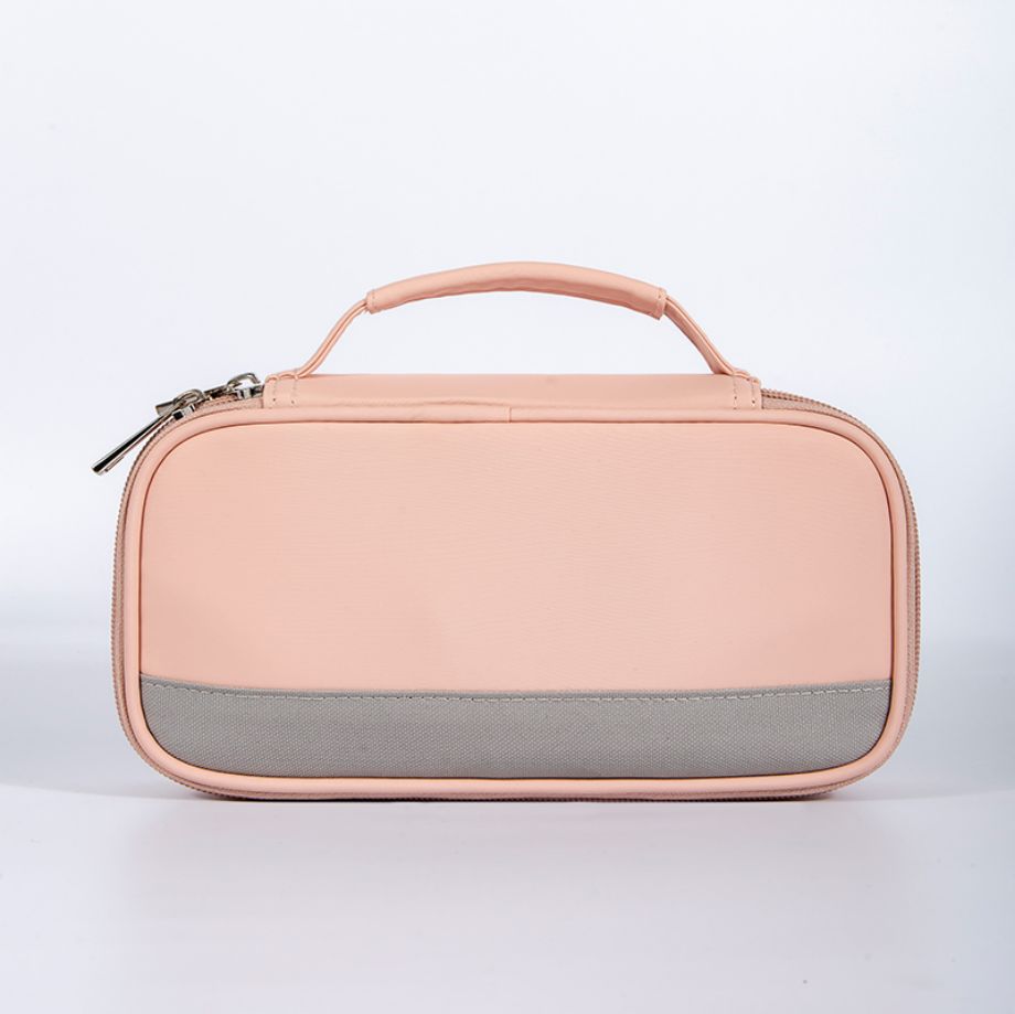 This portable travel toiletry bag is designed for convenient storage of cosmetics, toiletries, and personal care items. Featuring a durable structure, smooth zipper closure, and comfortable handle, it