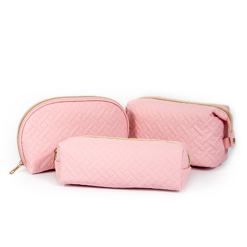 Pink Shell Quilted Makeup Bag Set – 3-Piece, Frame, Waterproof & Antibacterial