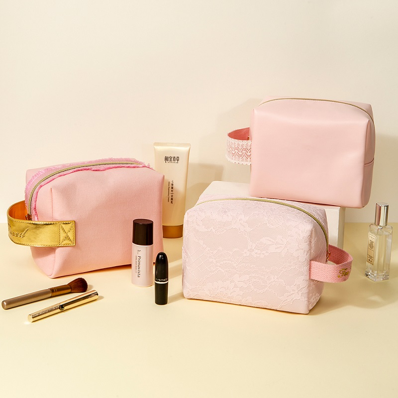 Pink Lace PU Makeup Bag – Square Cosmetic Case with Gold PU Handle