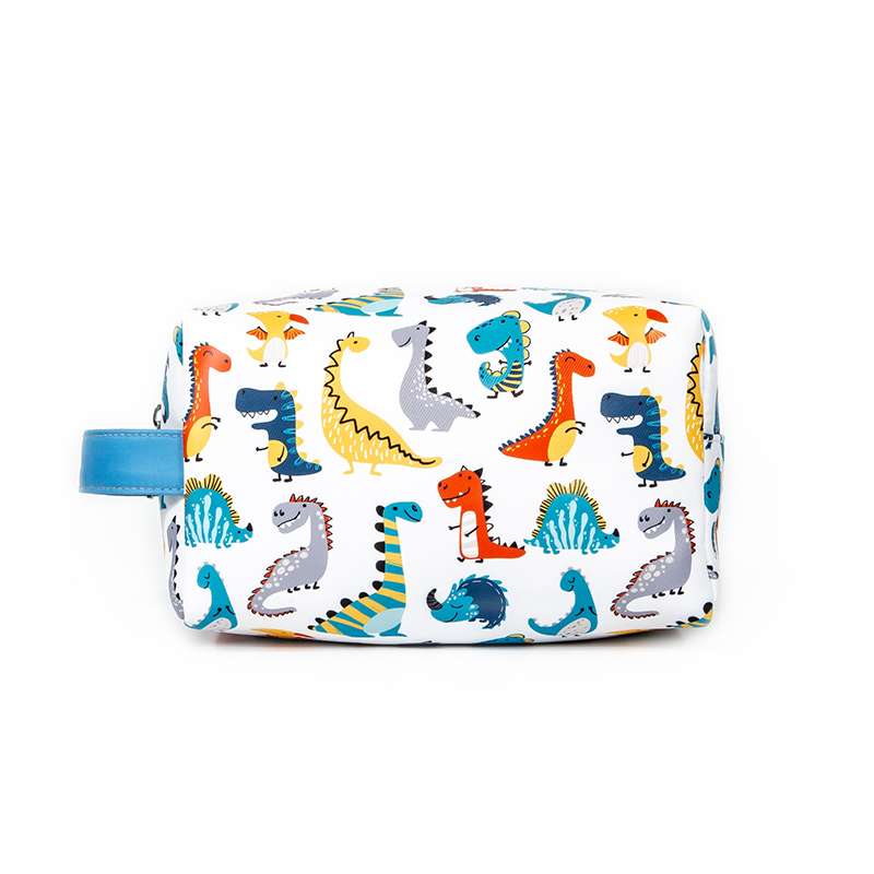 Digital Print Dinosaur Makeup Bag – Fun Cosmetic Pouch with Blue Handle