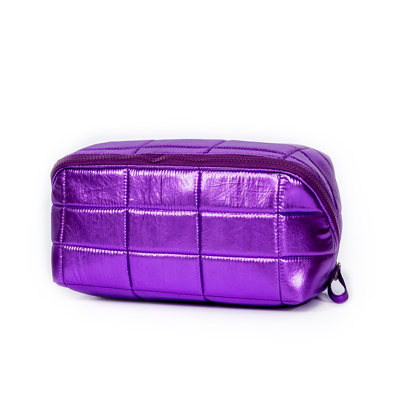 Purple Metallic Quilted Makeup Bag – Large Capacity Cosmetic Pouch