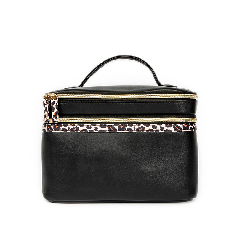Black Satin Makeup Bag with Leopard Print Trim – Square, Top Handle, Classic