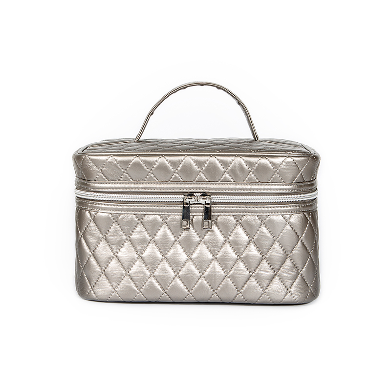 Champagne Gold Metallic Diamond Quilted Makeup Bag – Large Tote with Handle