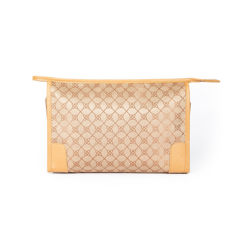 Khaki Jacquard Clutch Makeup Bag – Classic Wristlet Cosmetic Pouch